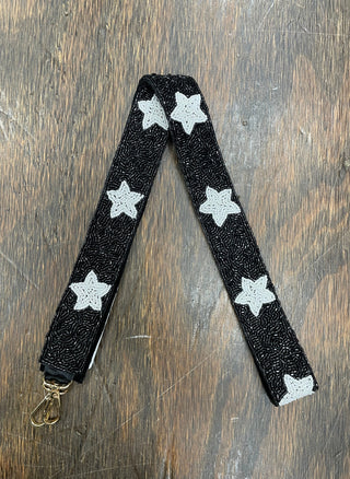 Beaded Bag Strap - Black W/ White Stars