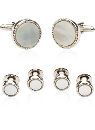 Ribbed Mother Of Pearl Silver Tuxedo Cufflinks & Studs CD-1528-FBA