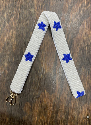 Beaded Bag Strap - White W/ Blue Stars