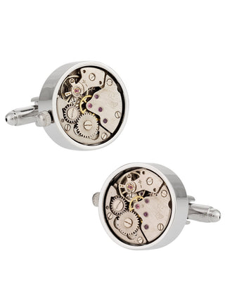 Working Silver Watch Movement Steampunk Cufflinks With Glass Cover CD-1922-FBA